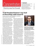 Print page of C&EN’s article on gold-standard science. It includes a photo of Michael Kratsios speaking at a Senate hearing.
