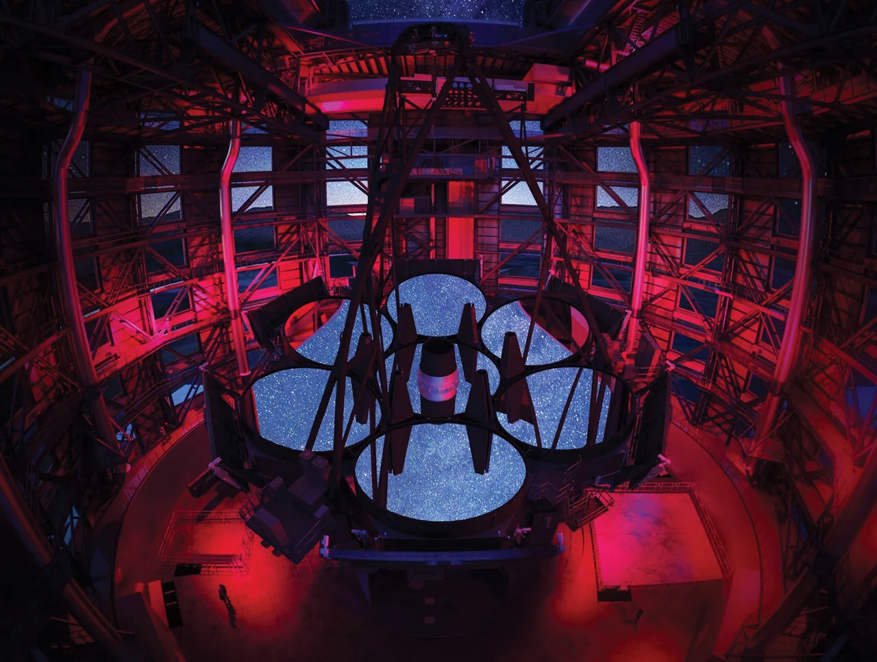 A rendering of the Giant Magellan Telescope shows what the mirrors will look like when they’re installed in the observatory. The seven primary mirrors are arranged with one in the center and six surrounding it like the petals of a flower. They reflect the light of stars.