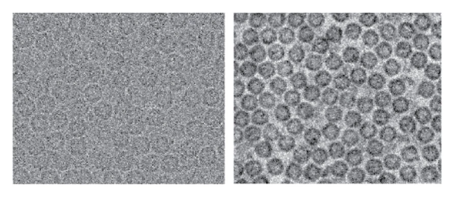 Two electron-microscope images showing round spots with narrow spaces between them; the one on the right has much higher contrast.
