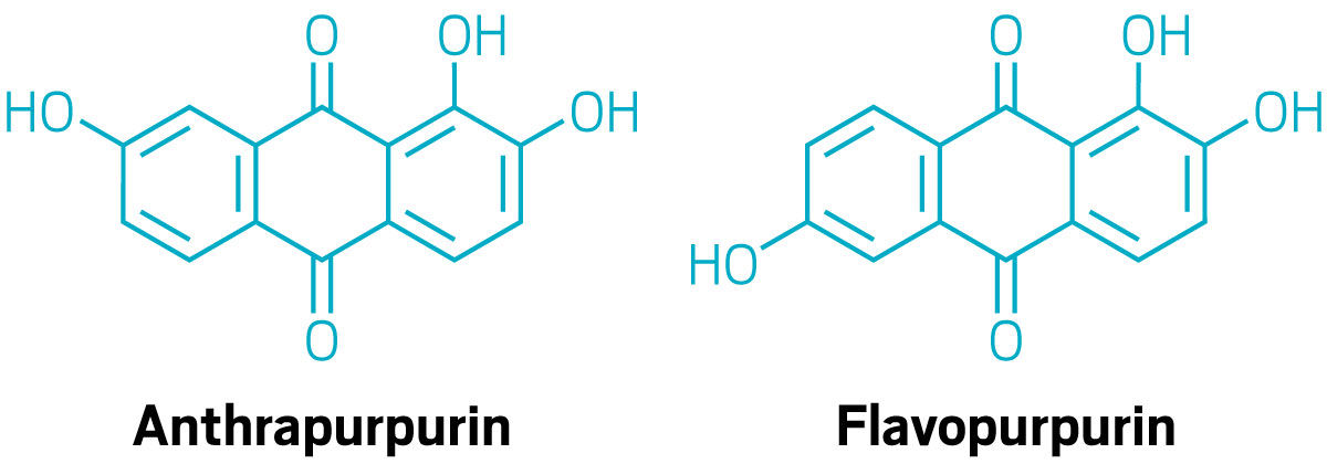 Chemical structures of anthrapurpurin and flavopurpurin, which each have three rings.