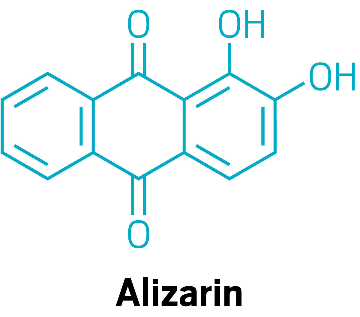 Chemical structure of alizarin, with three rings.