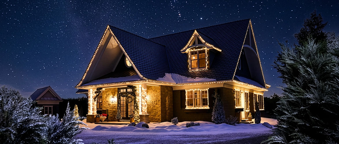 Une maison enneigée décorée avec des lumières de Noël blanc chaud qui brillent sous un ciel étoilé. Un chemin sinueux mène à un paysage hivernal orné de lumières festives pour l’extérieur et de décorations saisonnières.