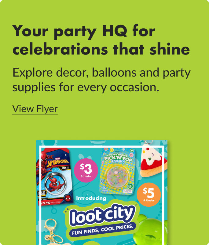 A party supply promotion featuring a Loot City flyer and logo with various novelty gifts and celebration essentials.  