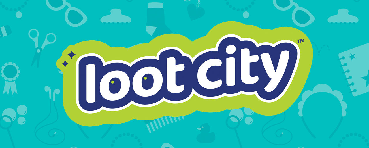 A loot city logo laid over top of a turquoise background displaying a variety of loot bag items.