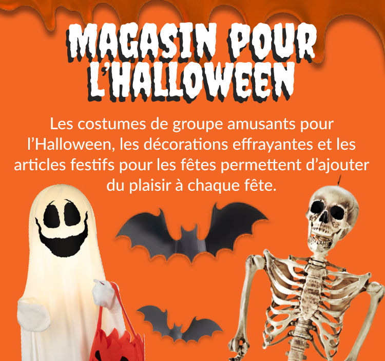 Bannière orange arborant un fantôme, une araignée, des chauves-souris et un squelette ainsi que des liens vers des costumes, des décorations et des articles d’Halloween.