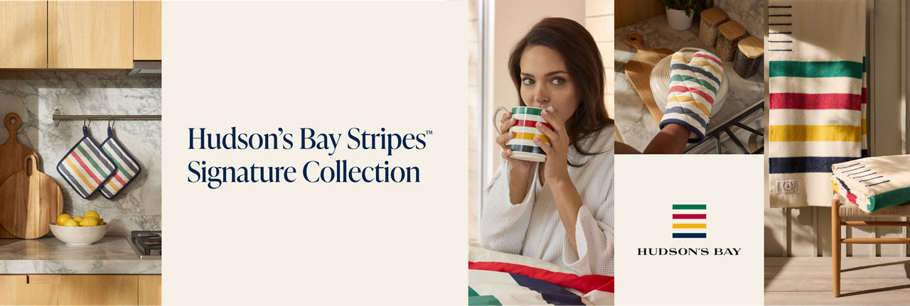 A woman holding Hudson's Bay Stripes Signature Collection mug, surrounded by images of various kitchen accessories and blankets.
