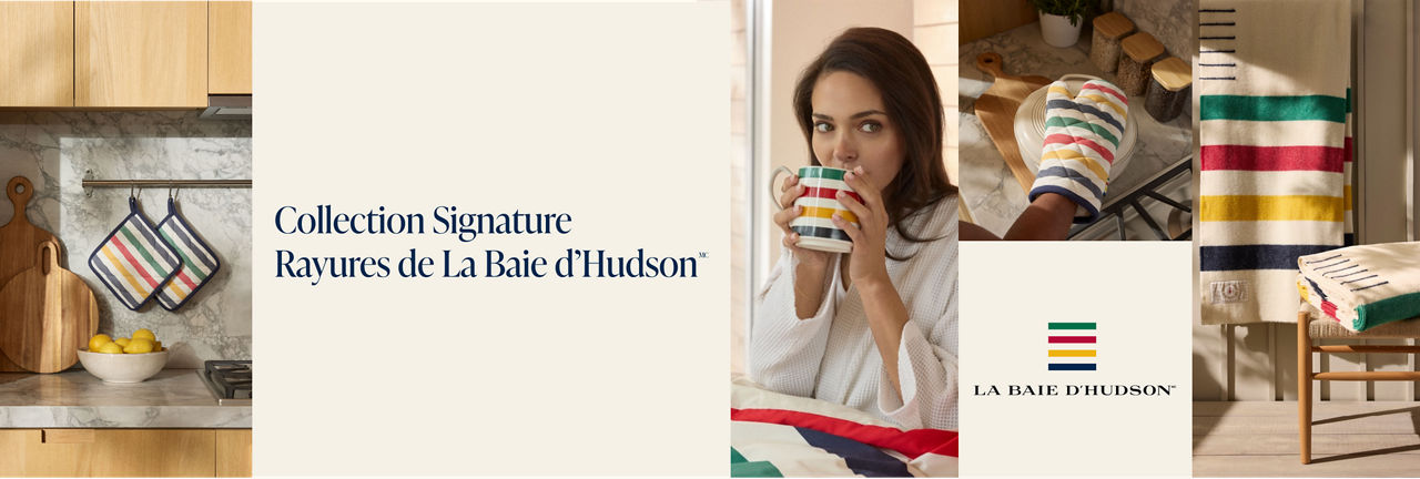 Une femme tenant une tasse de la collection Signature Rayures de La Baie d'Hudson, entourée d'images de divers accessoires de cuisine et de couvertures.