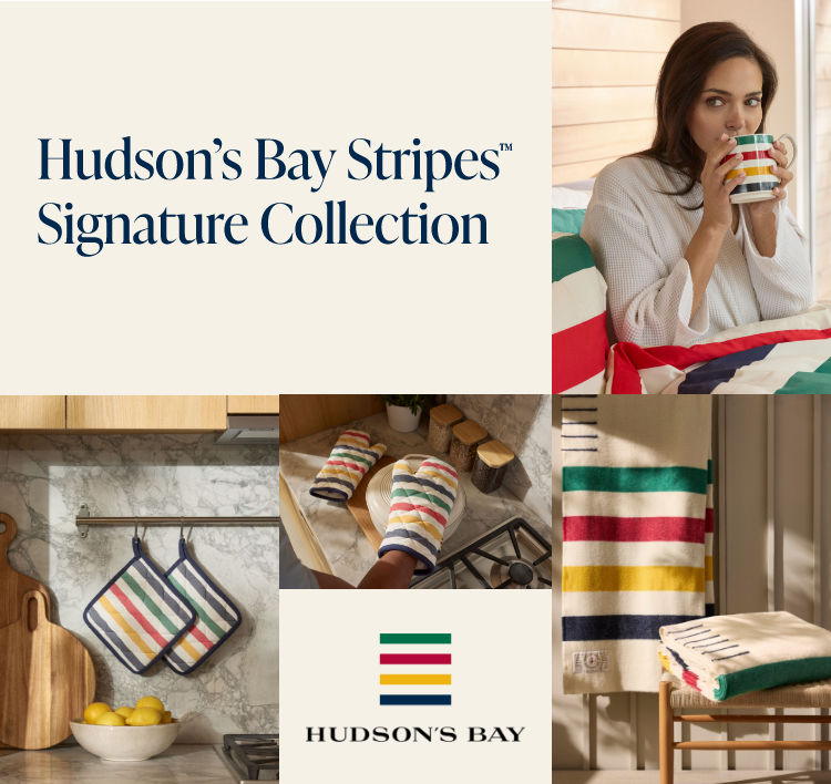 A woman holding Hudson's Bay Stripes Signature Collection mug, surrounded by images of various kitchen accessories and blankets.