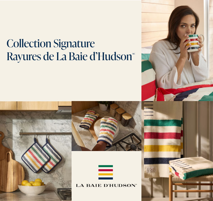 Une femme tenant une tasse de la collection Signature Rayures de La Baie d'Hudson, entourée d'images de divers accessoires de cuisine et de couvertures.