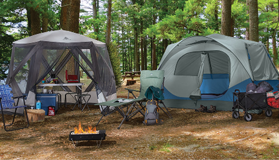 Two tents set up in a forest with a fire pit, camping chairs and other accessories.