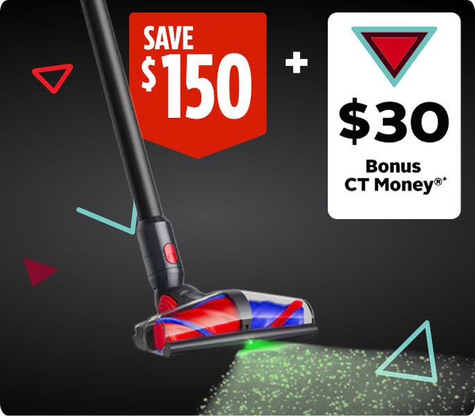 Save $150 and earn$30 Bonus CT Money on the Dyson V10 Konical Cordless Vacuum