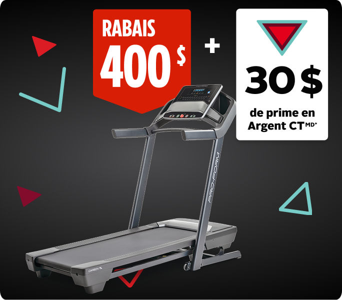 Économisez 400&nbsp;$ et obtenez 30&nbsp;$ en Argent CT en prime sur le tapis roulant pliable ProForm Carbon.