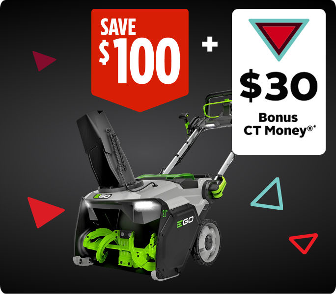 Save $100 and earn $30 Bonus CT Money on EGO 56V Single Stage 2x6Ah Snowblower.