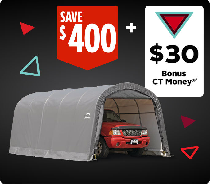 Save $400 and earn $30 Bonus CT Money on ShelterLogic Garage-in-a-Box.