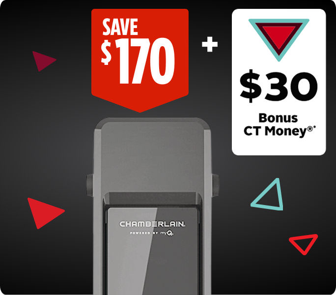 Save $170 and earn $30 Bonus CT Money on Chamberlain Wall-Mount Garage Door Opener with WiFi.