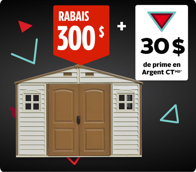 Économisez 300&nbsp;$ et obtenez 30&nbsp;$ en Argent CT en prime sur la Remise de jardin Duramax Woodside en résine de vinyle.