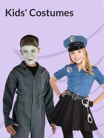 Features a boy wearing a Michael Myers costume and a girl wearing a police officer costume displayed on a purple web-pattern background.