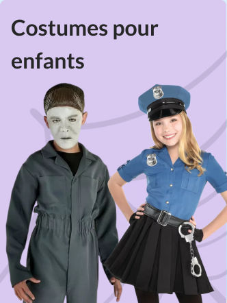 Un garçon portant un costume de Michael Myers et une fille portant un costume de policière sur un fond violet avec un motif de toile d’araignée.