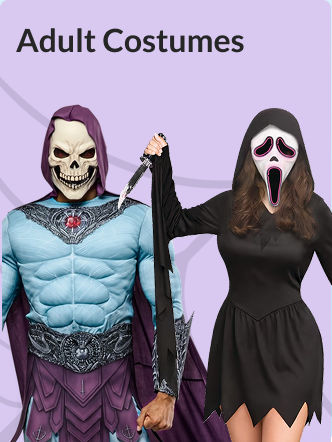 An adult woman dressed as the Ghostface character from Scream, standing next to a person wearing a Skeletor costume.