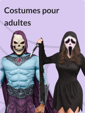 Une femme déguisée en personnage Ghostface de Frissons, à côté d’une personne portant un costume de Skeletor.