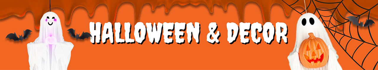 A banner featuring two white ghost decorations holding jack-o’-lanterns on an orange background with dripping accents, flying bats and a large spider web. 