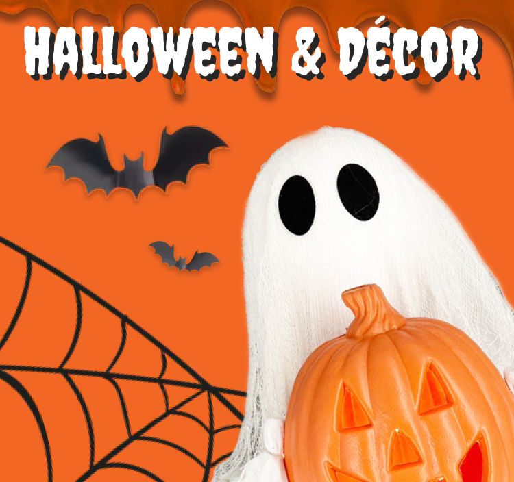 A banner featuring two white ghost decorations holding jack-o’-lanterns on an orange background with dripping accents, flying bats and a large spider web. 