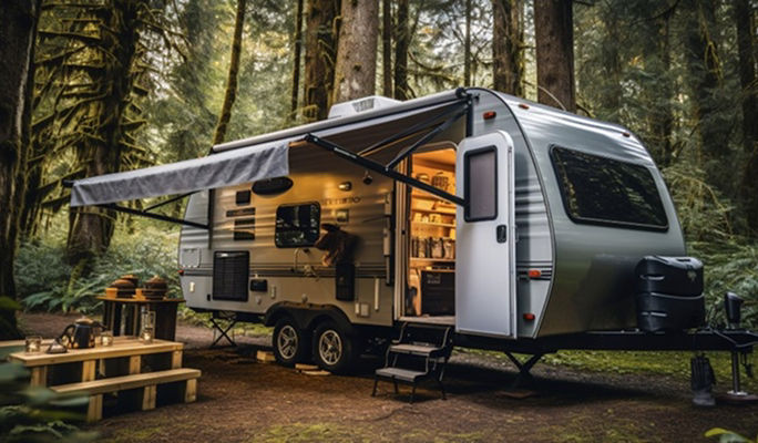 An RV set up in the woods near a picnic table covered in food.