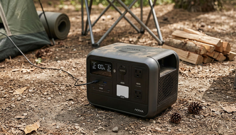 A black solar powered power station sitting on the ground at a campsite. 