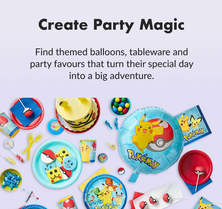 A banner with Pokémon and Harry Potter tableware, balloons and party supplies. 