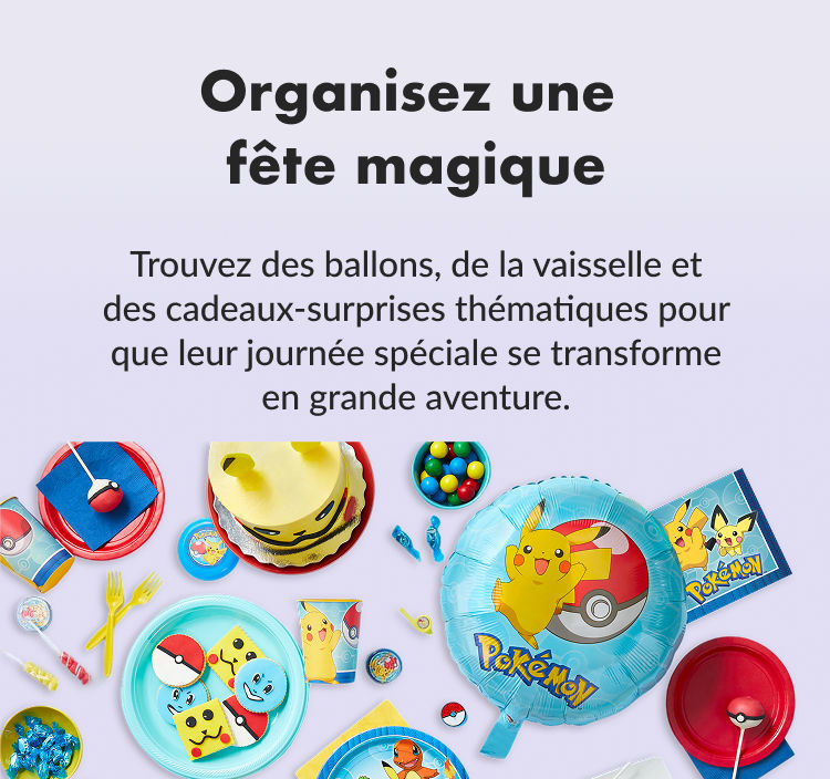 Une bannière avec de la vaisselle, des ballons et des articles de fête Pokémon et Harry Potter.