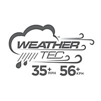 WeatherTec Logo with the words 'WeatherTech System' arching over the top of the main badge. The badge shows a tent surrounded by various weather icons (rain, wind, sunshine) and arrows indicating a cyclical flow to the weather while the tent remains untouched. The bottom of the badge reads 'Keeps You Dry... Guaranteed'.