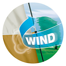Illustration demonstrating gale-force winds, with a treen nearly bent double in the background. A blue arrow labeled 'wind' is wrapping around the support pole of a tent, but the pole remains rigid.