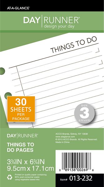 Page Size 3 3//4/" x 6 3//4/". NEW 013-232 Day Runner Things To Do Pages
