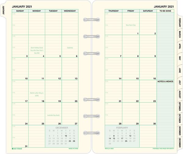 2 Page Per Month Tabbed Calendar Refill Portable Size 10850 Day Timer