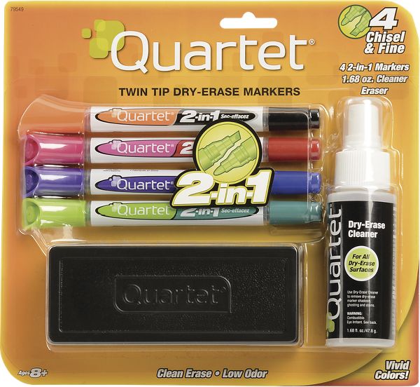 Quartet 2-in-1 Dry-Erase Marker Starter Kit, Chisel/Fine Tip, Assorted Colors, Eraser & Cleaner Included / Pack 