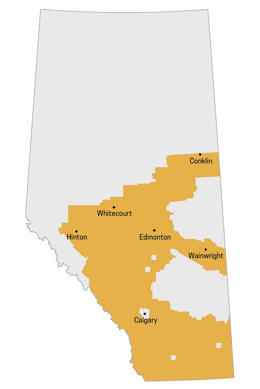 Map of Alberta locations EPCOR offers Rate of Last Resort