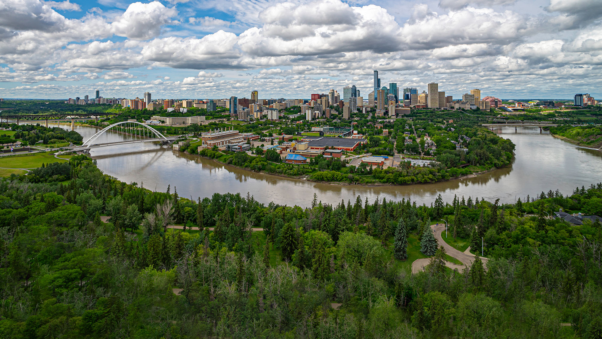 Aerial view of Edmonton with North Saskatchewan River