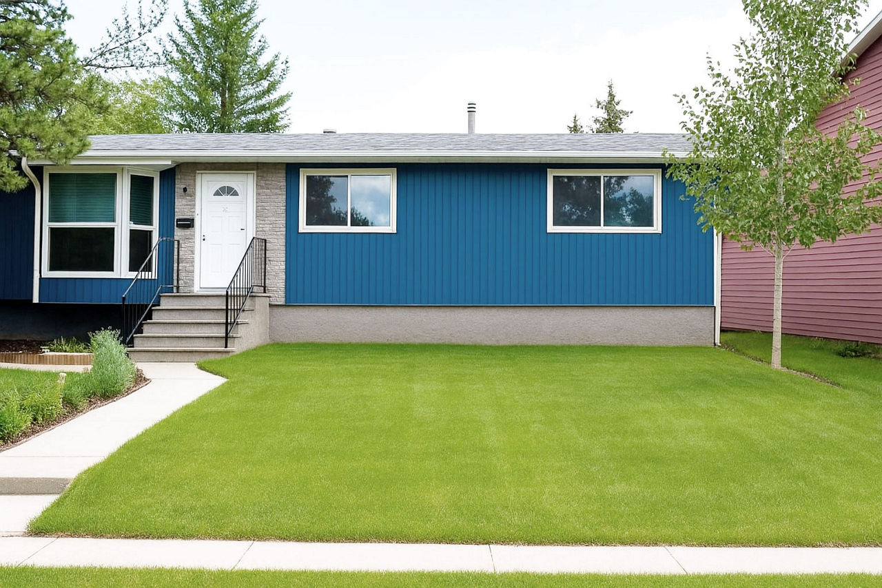 Front view of a blue single‑storey home with a simple lawn and minimal landscaping before the RainWise yard transformation.