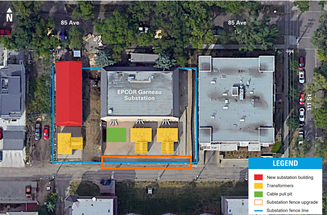 Aerial map showing Garneau substation with color-coded overlays for new building, transformers, cable pit, and fence upgrades. Includes surrounding streets and project legend.