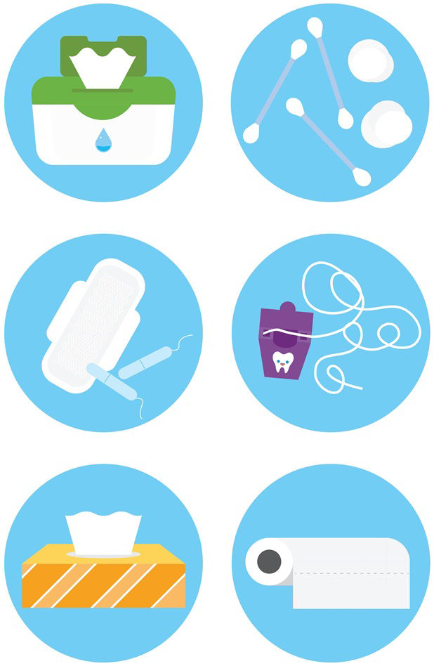 Icons representing items you should not flush: wipes, cotton swabs, feminine hygiene products, dental floss, tissues, paper towels