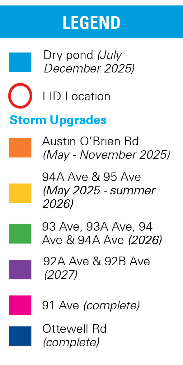 Legend indicating various locations in the Ottewell community where storm upgrades have been made. Marks the LID location and the dry pond.
