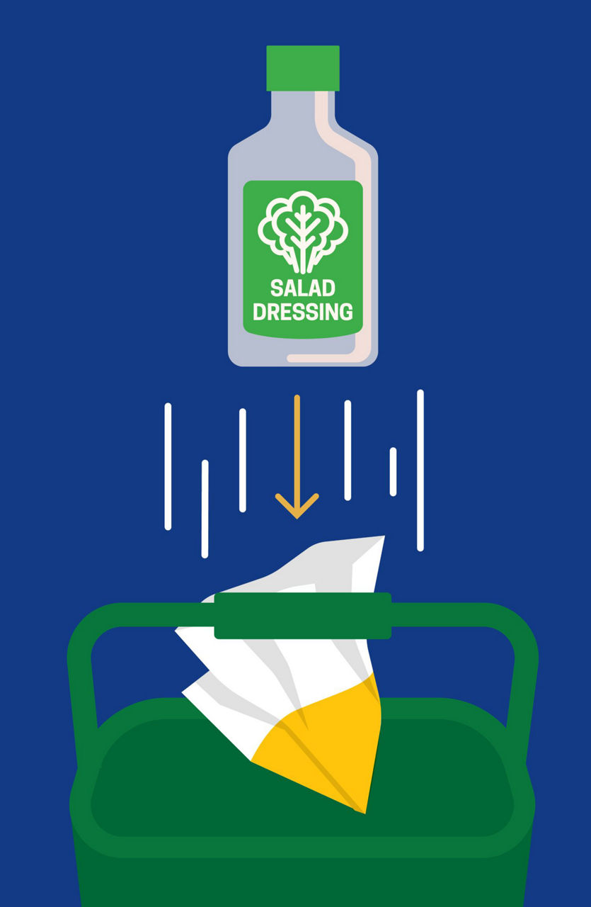 Properly dispose of salad dressing residue by wiping your bowl or container with a paper towel and toss in the compost.