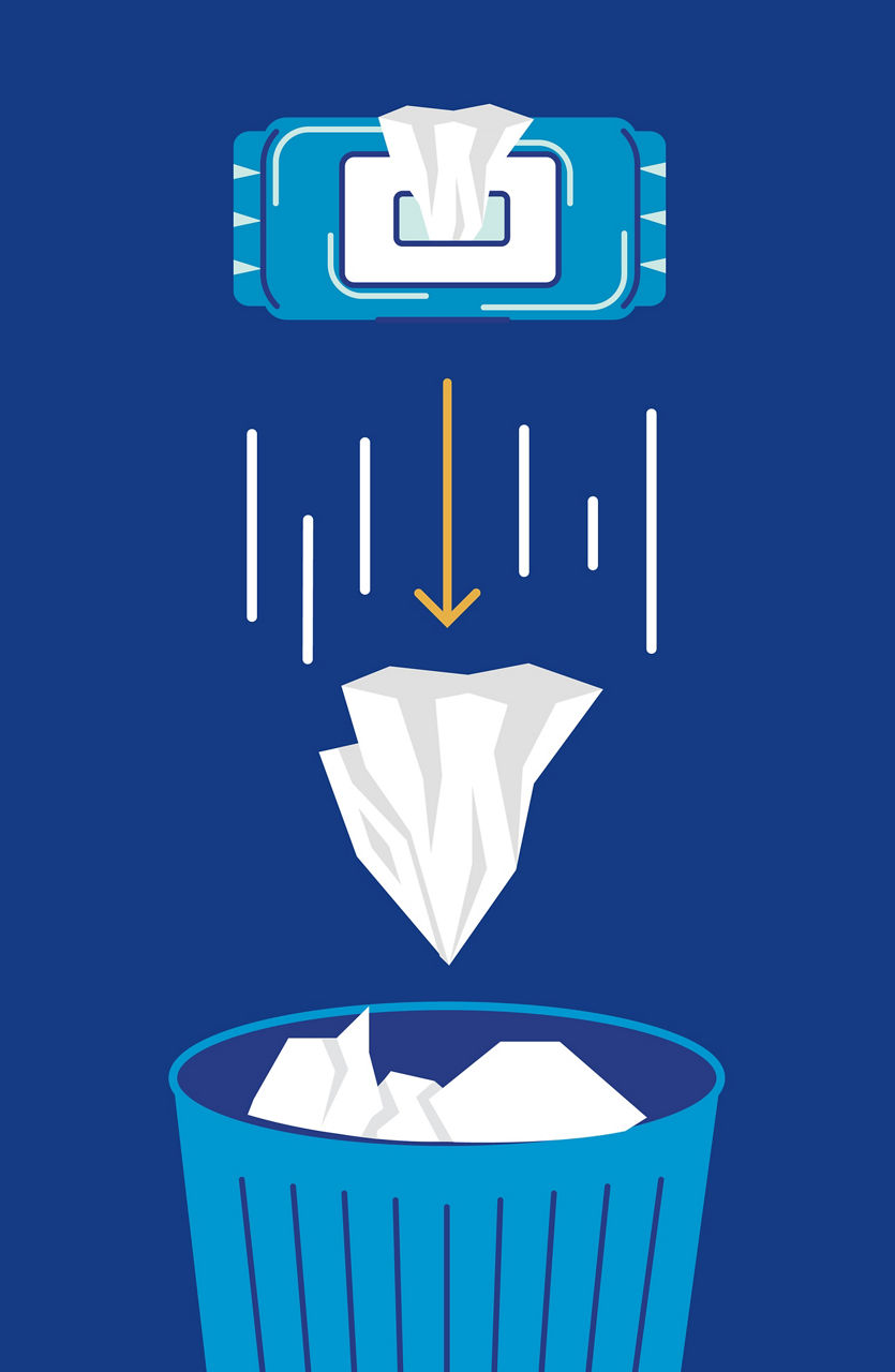 Illustration of non-flushable wipe going into the garbage instead of being disposed of in the toilet. 