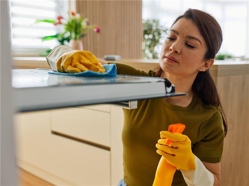 A focused woman performing routine maintenance by wiping down kitchen surfaces and appliances to improve household efficiency and cleanliness.