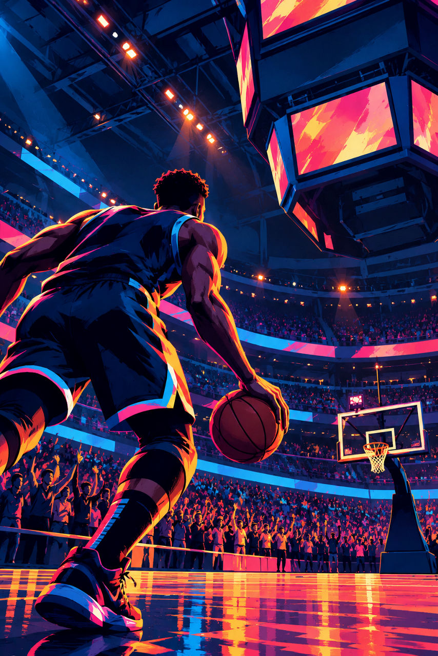 Basketball player holding a ball in a brightly lit arena, an illustration published by Goodyear