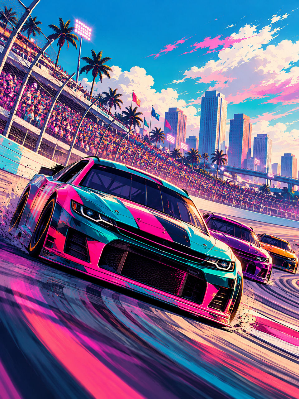 Pink and turquoise race cars on a track, an illustration from Goodyear’s schedule