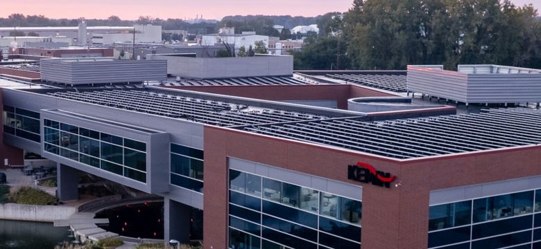 Aerial view of Kemin Industries world headquarters campus at sunset