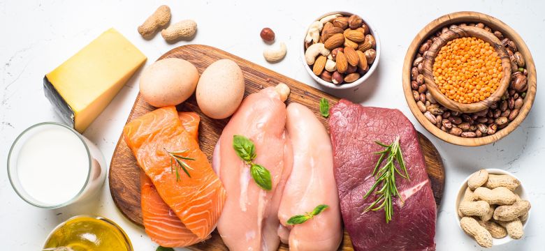 Protein sources - meat, fish, cheese, nuts, beans and greens.; Shutterstock ID 1118483792; purchase_order: KFT; job: Asian; client: Marketing