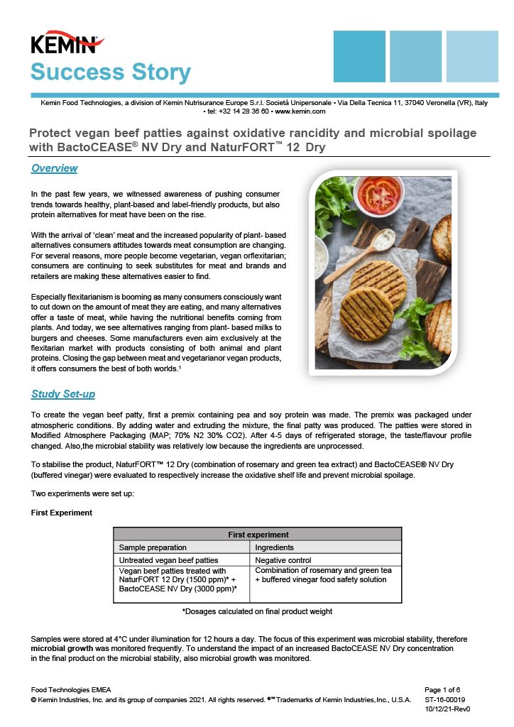 Protect vegan beef patties against oxidative rancidity and microbial spoilage with BactoCEASE NV Dry and NaturFORT 12 Dry