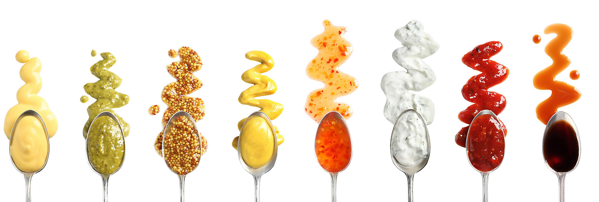 Set of spoons with different delicious sauces on white background, top view; Shutterstock ID 1446769997; purchase_order: KFT; job: Asian; client: Marketing